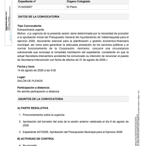 Convocatoria a Pleno sesión extraordinaria y urgente, viernes 14 de agosto de 2026